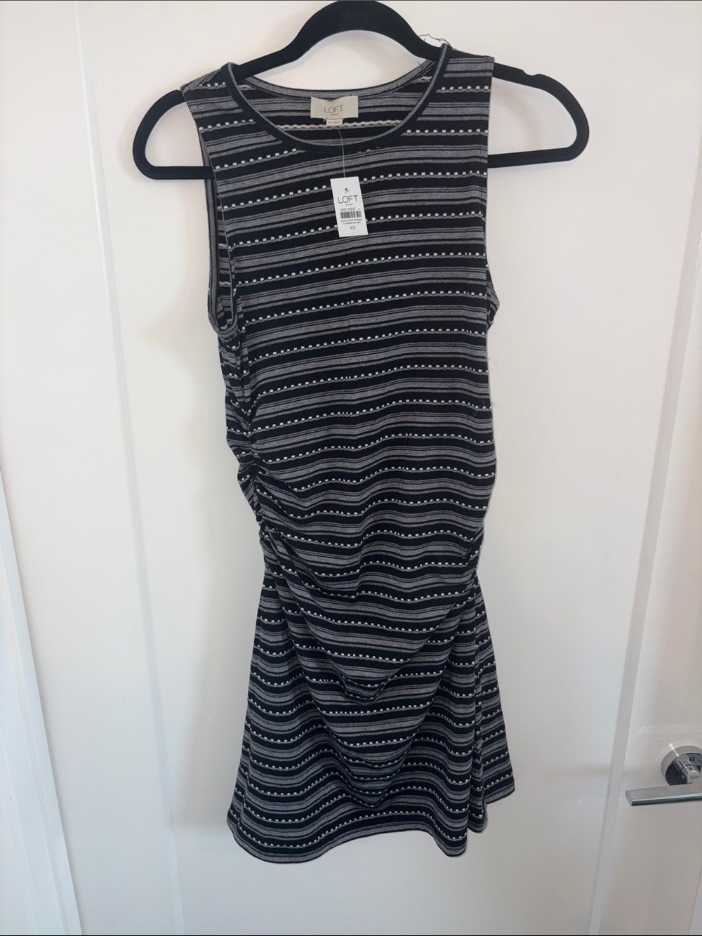 LOFT Black & Gray Striped Sleeveless Midi Dress with Side Ruching